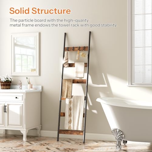 HOOBRO Blanket Ladder, 6-Tier Towel Rack with Hooks, Wall-Leaning Blanket Rack, Decorative Display Ladder Shelf