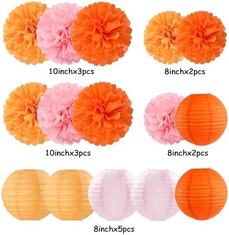 Pink-Orange Groovy Party-Decorations Paper-Flowers Lanterns - 15PCS Baby Shower Tissue Pom Poms Streamers, Fall Wedding Boho Birthday Bridal Bachelorette Sunset Hanging Supplies Decor Hugfond