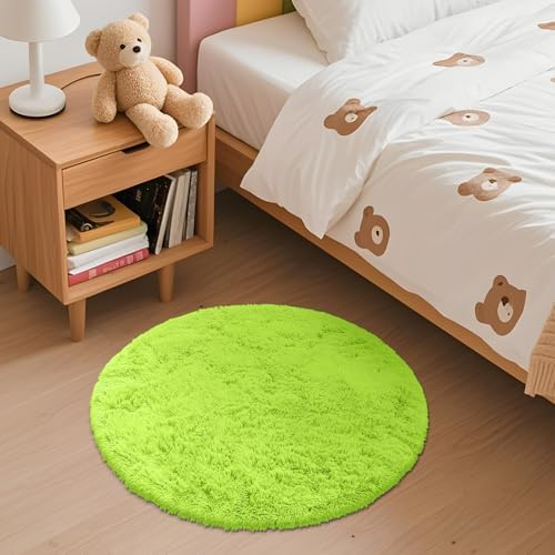 OLANLY Lime Green Round Rugs for Bedroom - Machine Washable, 2 ft Circle Area Rugs for Living Room, Soft and Fluffy
