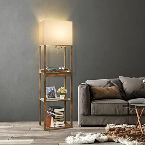 RUNTOP Floor Lamp with Shelves, Plus Shelf Lamp with Wireless Charger, 2 USB Port and Outlet, 1 Drawer, 15W LED Bulb, 3