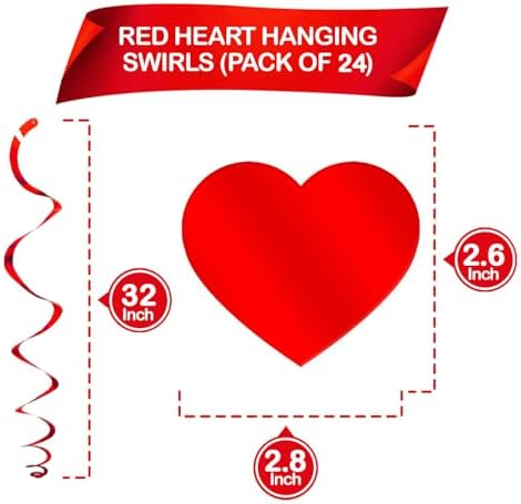 Red Heart Hanging Swirls, 24Pcs Foil Love Heart Ceiling Streamer for Valentines Galentines Decorations Bridal Shower Engagement Wedding Party Suppies