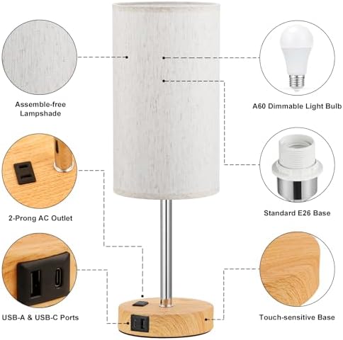 Fenmzee 17.4" Bedside Lamp for Bedroom - Dimmable Touch, USB A+C, AC Outlet