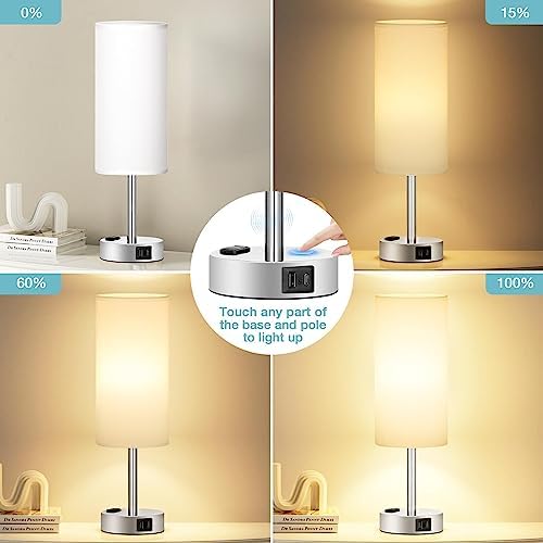 Fenmzee White Bedside Lamp for Bedroom, Dimmable Touch, USB A+C, AC Outlet