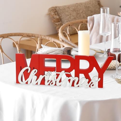 COCHIE Wooden Merry Christmas Sign, Winter Decorations for Home, Office, Shelf, Mantel, Indoor, Wood Snowflake Decor, Red White Table Top Party Decoration (Merry Christmas)