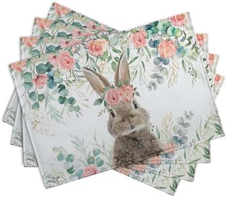 Easter Bunny Placemats Set of 4 Eucalyptus Leaves Rabbit Rose Place Mats 12x18 Inch Spring Seasonal Vintage Farmhouse Heat Resistant Washable Table Mats for Party Kitchen Dining