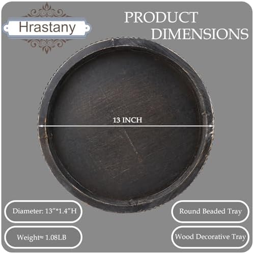 Hrastany Round Wooden Serving Tray with Beads, Circle Vintage Black Wood Coffe Table Tray for Dining Room Table Centerpiece, Kitchen Counter