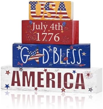 Smile 4th of July 250th Anniversary Wooden Block Stack with USA Decor, 4-Piece Patriotic Tiered Tray Decor for Independence Day & Memorial Day