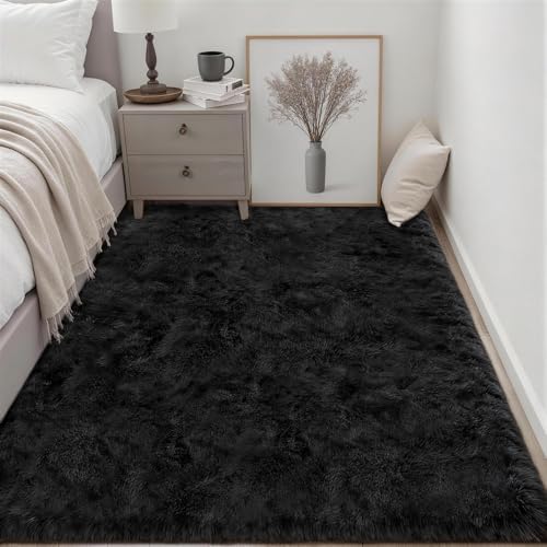 Area Rug Living Room Bedroom: 6x9 Fluffy Plush Shag Carpet Black