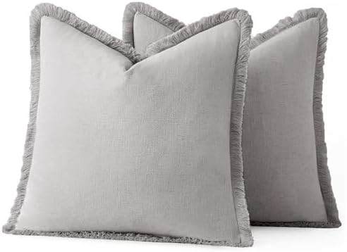 MIULEE Boho Linen Fringe Decorative Throw Pillow Covers Light Grey 20x20