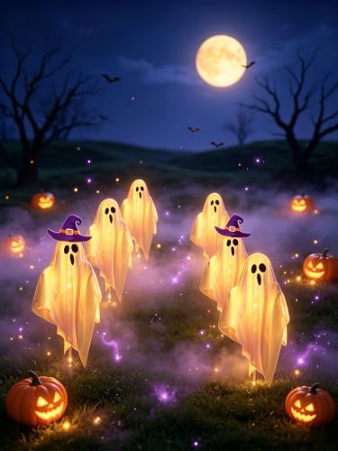 6-Pack Solar Powered Ghost Halloween Decorations Outdoor, Auto On/Off, Ghost Path Lights for Scary Party Yard Garden Lawn Holiday Decor(Warm White)