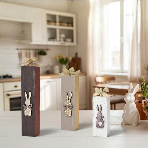 Smile 3-Piece Easter Bunny Wooden Block Set, Rustic Tiered Tray Decor with Burlap Bows for Spring & Easter