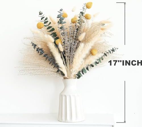 500PCS Dried Pampas Grass Bouquet – Boho Dried Flowers for Vase, White & Brown Pampas, Bunny Tails, Eucalyptus, Wheat & Lavender – Natural Floral Decor for Home, Wedding, Baby Shower &Photoshoot Props