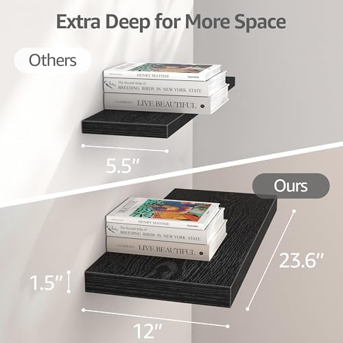 QEEIG 12" Deep Floating Shelves for Wall (Black, Set of 3, 23.6" x 12")