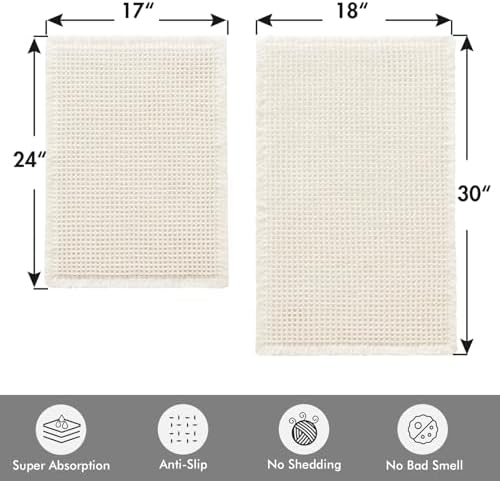 MIULEE Set of 2 Waffle Bathroom Rugs Cream White Bath Mat 17"x24"+18"x30"