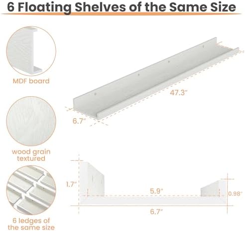 upsimples Floating Shelves for Wall Decor and Storage, White, 6Pcs 47.3''