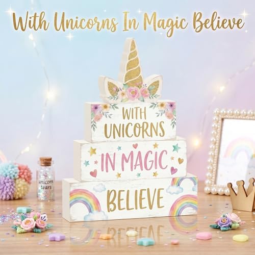 Britimes Tiered Tray Decor Set, 4 Pack, Wooden Table Sign, Unicorn Rainbow