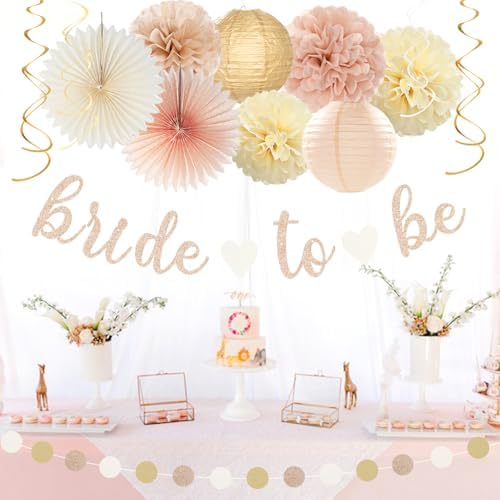 Champagne-Gold Beige Fall Bridal-Shower Party-Decorations - 36pcs Bride To Be Banner,Bachelorette Paper Lanterns,Wedding Streamers Garland,Boho Peach Tissue Pom Poms Flower Fan Decor Supplies Burgleda