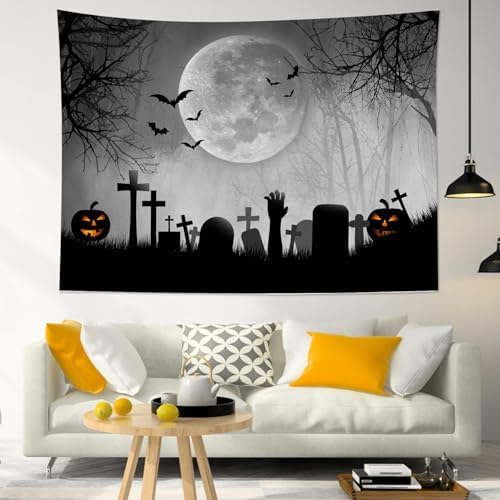 LB Halloween Full Moon Tapestry Horror Black Bat Pumpkin and Cemetery in Misty Forest Wall Tapestry for Bedroom Spooky Night Sky Wall Art for Living Room Decor, 59 x 51 Inches