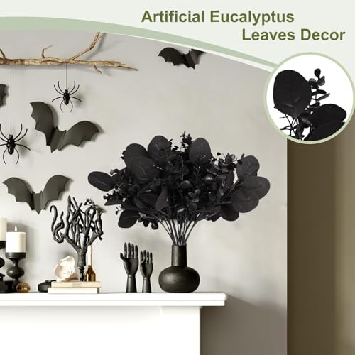 ZeKonan 40 Pcs Artificial Black Eucalyptus Stems Fake Halloween Flowers 11" Mixed Faux Eucalyptus Leaves Plant for Wedding Vase Center Bouquet Flower Arrangement, Halloween Fall Home Decor