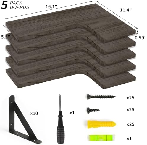 Fixwal Conner Shelves Wall Mounted for Decor, Weathered Grey Set of 5