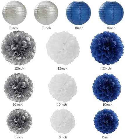 Navy-Blue White Silver Party-Decorations - 20pcs Graduation Paper Lanterns Fans,Tissue Pom Poms,Honeycomb Balls,Bunting,Birthday Bridal Bachelorette Christmas Baby Shower Wedding Decor Burgleda