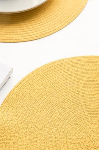 Floroom 15 Inch Round Braided Placemats Set of 4, Washable Heat Resistant Cotton Polyester Circle Place Mats for Kitchen Dining Table - Yellow