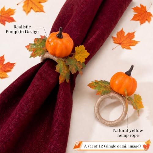 Yungyan 12Set Fall Pumpkin Maple Napkin Ring,Thanksgiving Napkin Rings