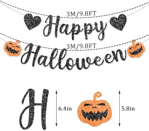 Pre-Strung Happy Halloween Decorations Banner Black Glitter