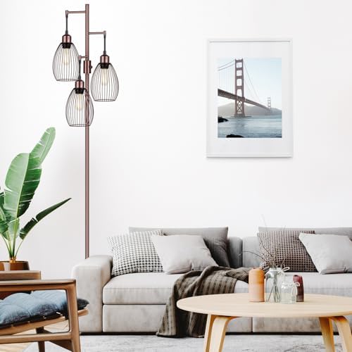 Dimmable Floor Lamp, 3 x 800LM LED Edison Bulbs Included, Farmhouse Industrial Floor Lamp Standing Lamp with Elegant