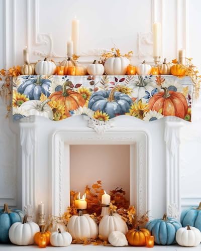 Fall Mantel Scarf for Fireplace, Orange Blue Pumpkin Sunflower Wood Grain Fireplace Cover Decorations Indoor Thanksgiving Mantel Top Scarf Runner for Seasonal Autumn Holiday Party, 17 x 90 Inch
