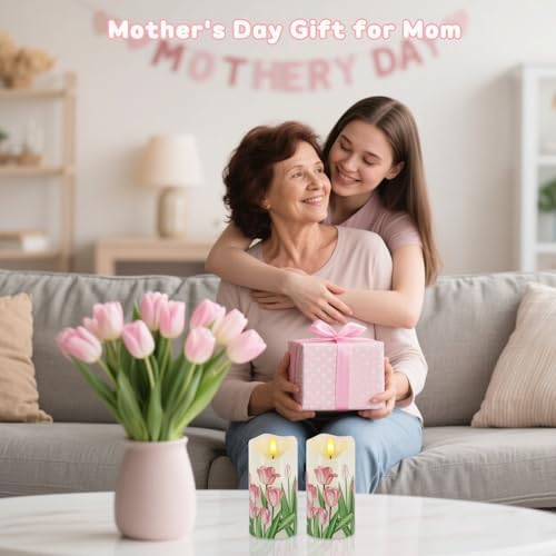 Tulip Flameless Candles Set of 2, 6"x3" Spring Candles with Remote & Timer