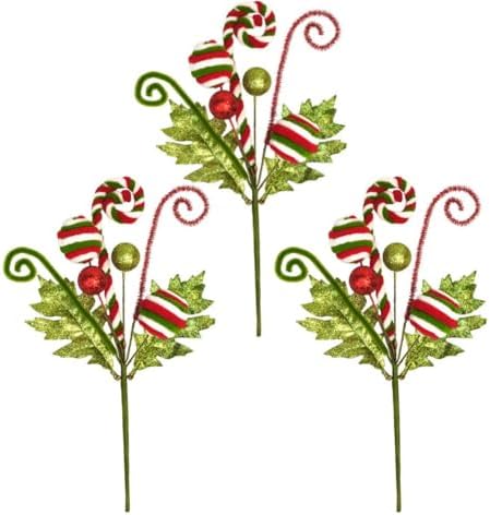 3 Pack Artificial Christmas Floral Picks Lime Green Red Berry Stems Xmas Tree Branches with Glitter Ball for Party Flower Arrangement Centerpieces (Green)