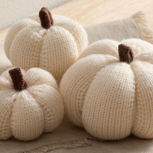 Cozy Mini Knit Set of 3 Ivory Pumpkins (Snowdrop Multi-Size Set)