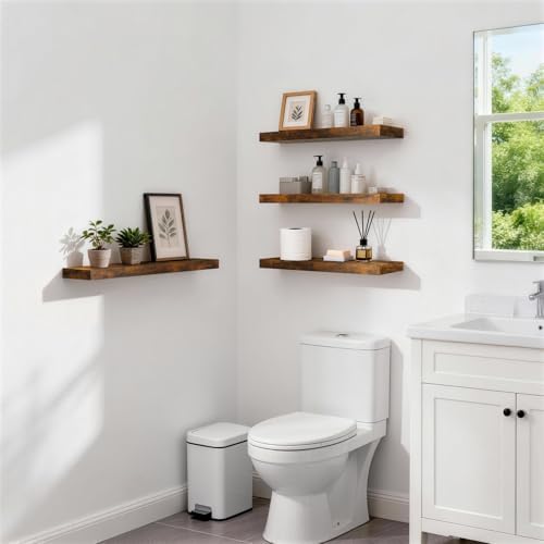 BAYKA Rustic Brown Floating Shelves 22.5in, 3 Pack, Wall Mount Wood Shelf