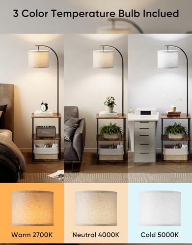 PARTPHONER Floor Lamp with Table, Night Stand with Lamp, Narrow Side Table with 3CCT LED Bulb, Small Coffee Table