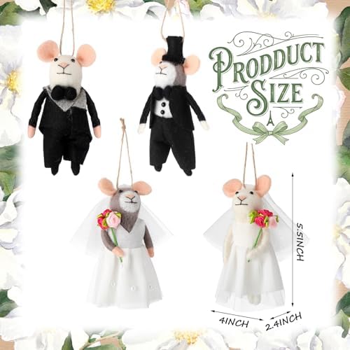 Hahafelt 4 Pcs Wedding Felt Mice Ornaments with Bouquet Cute Wedding Mouse