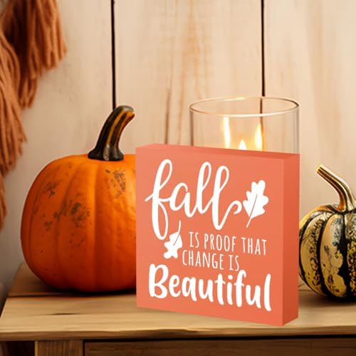 Orange Autumn Fall is Proof That Change is Beautiful Sign, Farmhouse Fall Artwork Decor, Fall Thanksgiving Wooden Square Sign Desk Block Signs Home Shelf Office Decoration 5 x 5 Inches