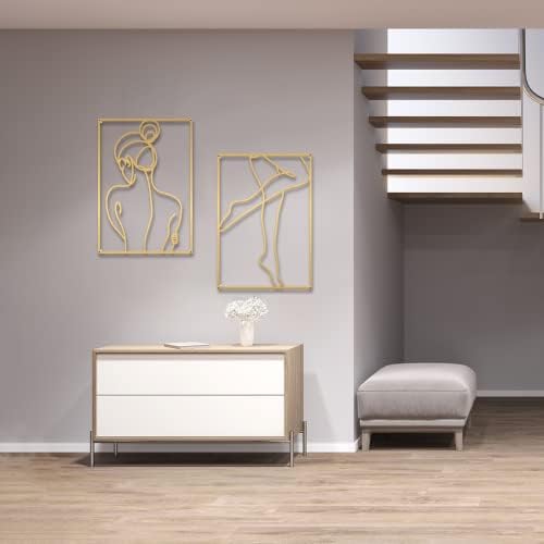 Glamativity Large 4 Pack Gold Wall Art, Minimalist Single Line Art, Real Metal Wall Art, Woman's Body Shape Abstract