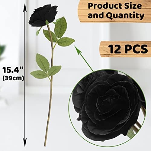 Hananona Black Artificial Roses for Flower Arrangement, 12 Pcs Silk Black Roses Bouquet for Halloween Home Decoration, Faux Black Roses for Halloween and Gothic Decoration