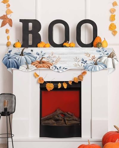 Fall Mantel Scarf for Fireplace, Blue Leaf Pumpkin Wood Grain Texture Fireplace Cover Decorations Indoor Thanksgiving Mantel Top Scarf Runner for Seasonal Autumn Holiday Party, 17 x 70 Inch