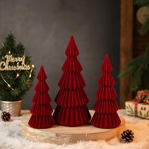 Set of 3 Velvet Ceramic Christmas Tree Decor, Burgundy