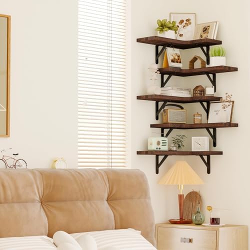 Fixwal Conner Shelves Wall Mounted for Decor, Walnut Brown Set of 5