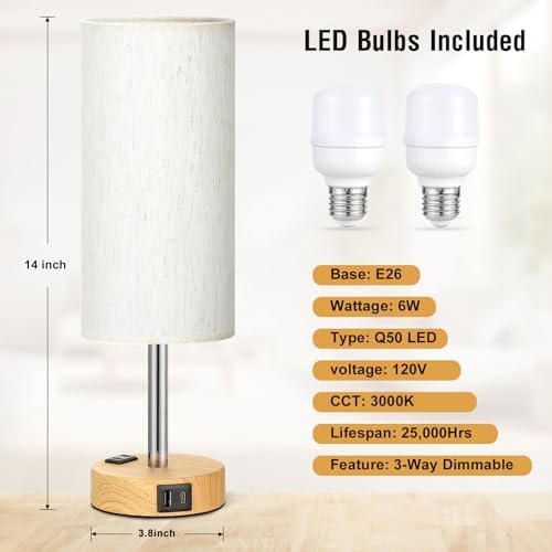 Fenmzee Bedside Table Lamp Set of 2 - Dimmable Touch, USB A+C, AC Outlet