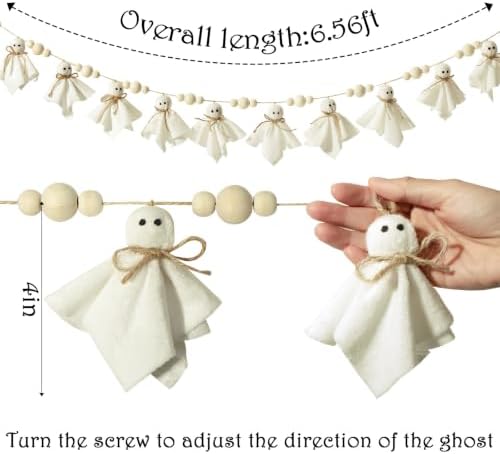 Bunny Chorus Ghost Halloween Garland: 1pc White Ghost Halloween Party Banner with Wood Beads, Cute Ghosts Halloween Garland Halloween Banner Decorations for Home Wall Mantel Doorways Front Decor