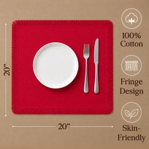 CLOUDLOOM 100% Cotton Fringe Cloth Napkins, Red, Set of 6, 20"x20"