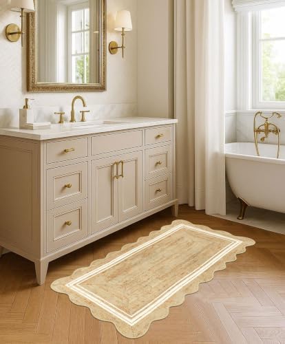 Front Door Mat - 2x4.3 Neutral Farmhouse Scalloped Small Runner Rug