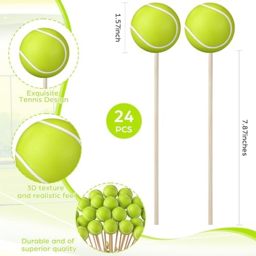 Soulchen 24 Pcs Tennis Centerpiece Sticks Set 1.57 Inches Tennis Balls with 7.87 Inches Sticks for Ball Themed Party Decorations Sports Banquet Table Centerpieces Event Decor