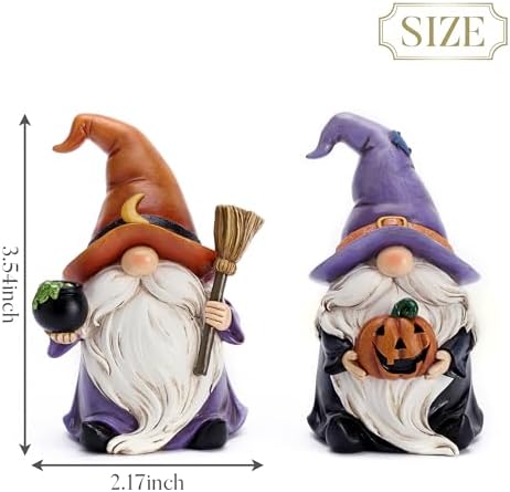 Valery Madelyn Gnomes Halloween Decorations Indoor, 2 Pcs Resin Gnome Decor for Home with Witch Hat Broom Jack O Lantern Moon, Halloween Figurines Elf Dwarf for Table Tiered Tray Outdoor, 3.6"
