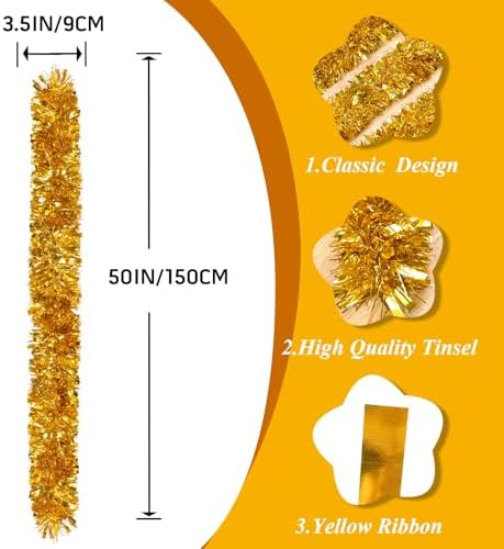 50Ft Gold Christmas Garland Decorations,Xams Tinsel Stems Non-Lit Soft Twist Garland Decor for Tree Stairs Railing Front Door Mantle Fireplace Indoor Outdoor Holiday Home