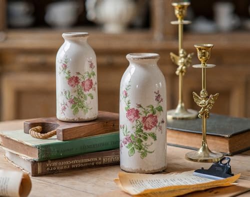 Boho Vase / Ceramic Rustic Farmhouse Vase / Pink Flora / 6 Inch